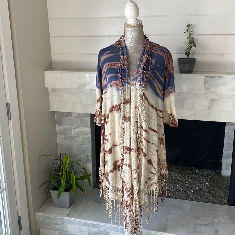 XCVI Tie Dye Lacey Fringed Kimono Coat Size Medium